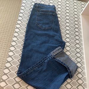 NYDJ Cropped denim jeans with wide cuff accented with rhinestones. Size 14